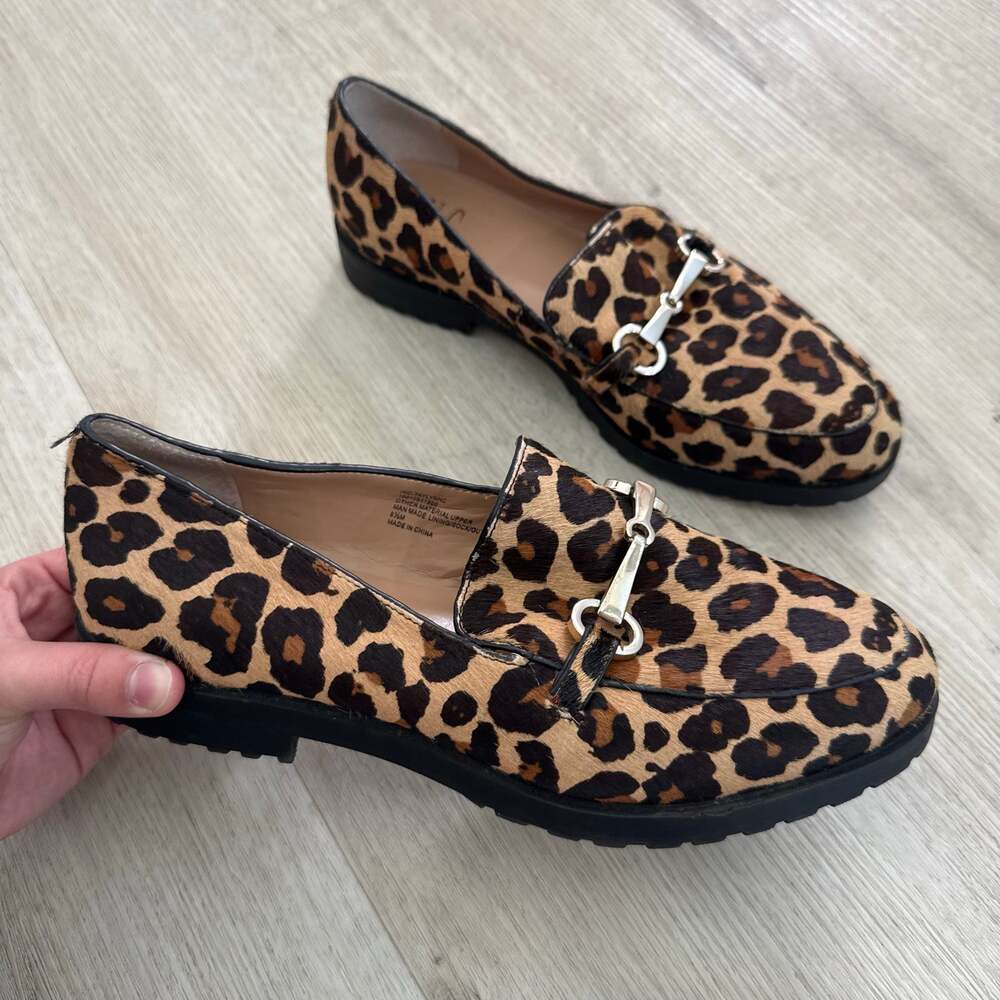 INC Taylyn Leopard Print Calf Hair Horsebit Lug Sole Loafers Chic Size 8.5